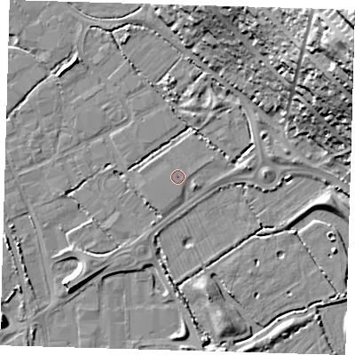 Shaded relief map of the ground around BN90AG, computed from Environment Agency LiDAR. The ground here sits at about 3 m above sea level and falls 46 m across the surrounding 800 m. The ground contributing surface water to this point lies to the west-north-west.