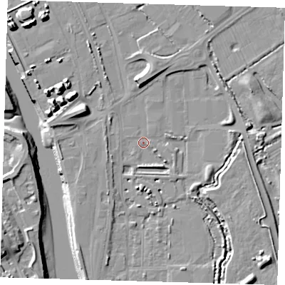Shaded relief map of the ground around BN90AL, computed from Environment Agency LiDAR. The ground here sits at about 2 m above sea level and falls 14 m across the surrounding 800 m. Surface water reaching this point runs off ground lying to the west-north-west, 9.5 m higher.