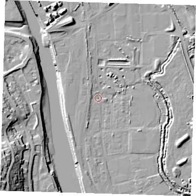 Shaded relief map of the ground around BN90AY, computed from Environment Agency LiDAR. The ground here sits at about 2 m above sea level and falls 34 m across the surrounding 800 m. Surface water reaching this point runs off ground lying to the north-west, 1.8 m higher.