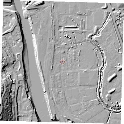 Shaded relief map of the ground around BN90BA, computed from Environment Agency LiDAR. The ground here sits at about 2 m above sea level and falls 31 m across the surrounding 800 m. Surface water reaching this point runs off ground lying to the south-west, 3.9 m higher.