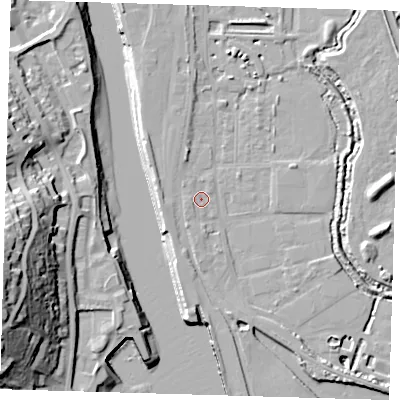 Shaded relief map of the ground around BN90BB, computed from Environment Agency LiDAR. The ground here sits at about 3 m above sea level and falls 35 m across the surrounding 800 m. Surface water reaching this point runs off ground lying to the west-south-west, 1.3 m higher.