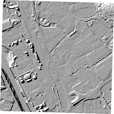 Shaded relief map of the ground around BN90BF, computed from Environment Agency LiDAR. The ground here sits at about 3 m above sea level and falls 20 m across the surrounding 800 m. Surface water reaching this point runs off ground lying to the south-south-east, 0.5 m higher.