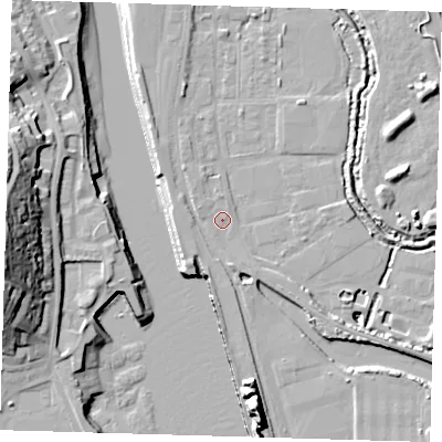 Shaded relief map of the ground around BN90BG, computed from Environment Agency LiDAR. The ground here sits at about 3 m above sea level and falls 30 m across the surrounding 800 m. Surface water reaching this point runs off ground lying to the west-north-west, 1.6 m higher.