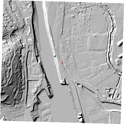 Shaded relief map of the ground around BN90BH, computed from Environment Agency LiDAR. The ground here sits at about 3 m above sea level and falls 38 m across the surrounding 800 m. Surface water reaching this point runs off ground lying to the west, 1.3 m higher.