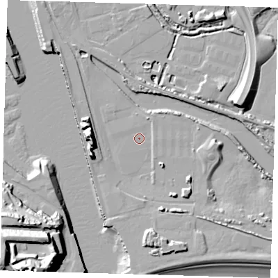 Shaded relief map of the ground around BN90BN, computed from Environment Agency LiDAR. The ground here sits at about 3 m above sea level and falls 49 m across the surrounding 800 m. Surface water reaching this point runs off ground lying to the west-south-west, 10.5 m higher.
