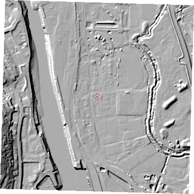 Shaded relief map of the ground around BN90BP, computed from Environment Agency LiDAR. The ground here sits at about 3 m above sea level and falls 26 m across the surrounding 800 m. Surface water reaching this point runs off ground lying to the east-north-east, 3.8 m higher.