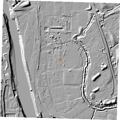 Shaded relief map of the ground around BN90BU, computed from Environment Agency LiDAR. The ground here sits at about 2 m above sea level and falls 14 m across the surrounding 800 m. Surface water reaching this point runs off ground lying to the north-north-west, 0.9 m higher.