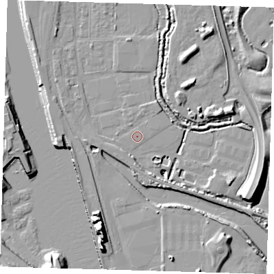 Shaded relief map of the ground around BN90BX, computed from Environment Agency LiDAR. The ground here sits at about 3 m above sea level and falls 20 m across the surrounding 800 m. Surface water reaching this point runs off ground lying to the south-south-west, 1.8 m higher.