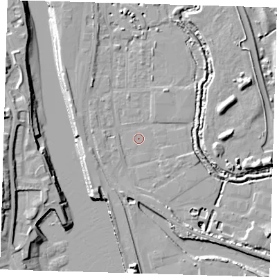 Shaded relief map of the ground around BN90BY, computed from Environment Agency LiDAR. The ground here sits at about 3 m above sea level and falls 16 m across the surrounding 800 m. Surface water reaching this point runs off ground lying to the north-east, 3.4 m higher.