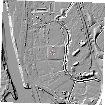 Shaded relief map of the ground around BN90BZ, computed from Environment Agency LiDAR. The ground here sits at about 3 m above sea level and falls 14 m across the surrounding 800 m. The ground contributing surface water to this point lies to the west-north-west.