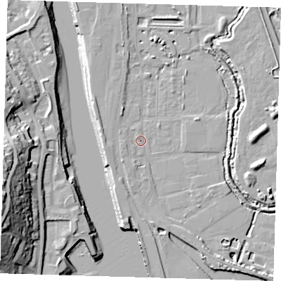 Shaded relief map of the ground around BN90DA, computed from Environment Agency LiDAR. The ground here sits at about 3 m above sea level and falls 32 m across the surrounding 800 m. Surface water reaching this point runs off ground lying to the east-north-east, 3.4 m higher.