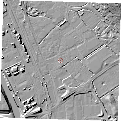 Shaded relief map of the ground around BN90DD, computed from Environment Agency LiDAR. The ground here sits at about 2 m above sea level and falls 24 m across the surrounding 800 m. Surface water reaching this point runs off ground lying to the south, 0.8 m higher.