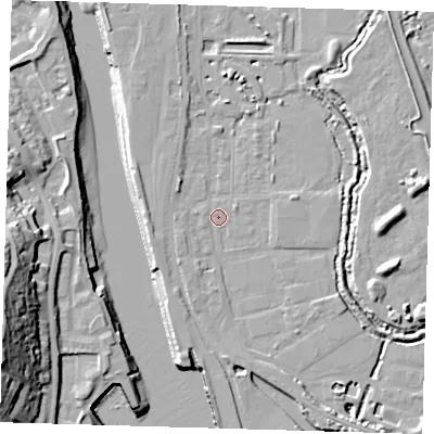Shaded relief map of the ground around BN90DE, computed from Environment Agency LiDAR. The ground here sits at about 3 m above sea level and falls 30 m across the surrounding 800 m. Surface water reaching this point runs off ground lying to the east, 3.4 m higher.