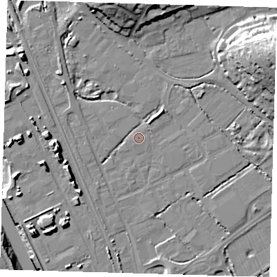 Shaded relief map of the ground around BN90DH, computed from Environment Agency LiDAR. The ground here sits at about 3 m above sea level and falls 24 m across the surrounding 800 m. Surface water reaching this point runs off ground lying to the west, 0.6 m higher.