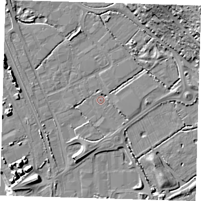 Shaded relief map of the ground around BN90DJ, computed from Environment Agency LiDAR. The ground here sits at about 3 m above sea level and falls 32 m across the surrounding 800 m. Surface water reaching this point runs off ground lying to the south-south-west, 4.0 m higher.