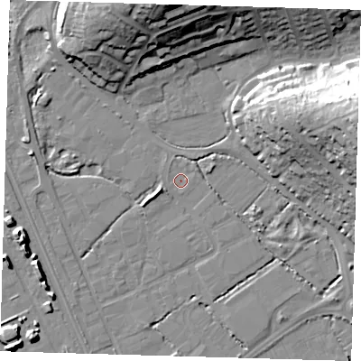 Shaded relief map of the ground around BN90DP, computed from Environment Agency LiDAR. The ground here sits at about 2 m above sea level and falls 28 m across the surrounding 800 m. Surface water reaching this point runs off ground lying to the west-south-west, 3.2 m higher.