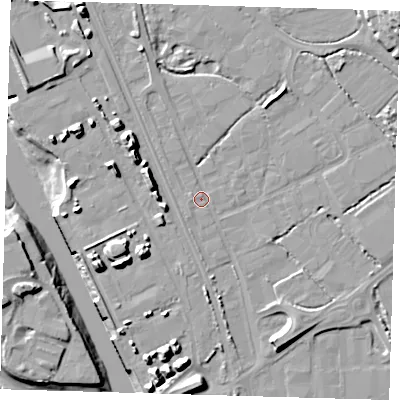 Shaded relief map of the ground around BN90DQ, computed from Environment Agency LiDAR. The ground here sits at about 3 m above sea level and falls 15 m across the surrounding 800 m. Surface water reaching this point runs off ground lying to the south-west, 1.1 m higher.