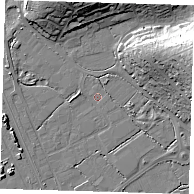 Shaded relief map of the ground around BN90DS, computed from Environment Agency LiDAR. The ground here sits at about 2 m above sea level and falls 28 m across the surrounding 800 m. Surface water reaching this point runs off ground lying to the west, 3.2 m higher.