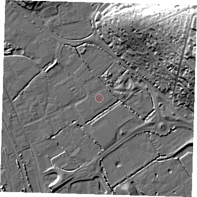 Shaded relief map of the ground around BN90DU, computed from Environment Agency LiDAR. The ground here sits at about 3 m above sea level and falls 38 m across the surrounding 800 m. The ground contributing surface water to this point lies to the south-south-west.