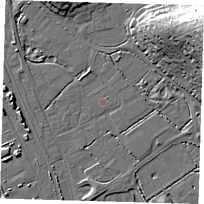 Shaded relief map of the ground around BN90ED, computed from Environment Agency LiDAR. The ground here sits at about 3 m above sea level and falls 30 m across the surrounding 800 m. The ground contributing surface water to this point lies to the north-east.