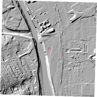 Shaded relief map of the ground around BN90ER, computed from Environment Agency LiDAR. The ground here sits at about 4 m above sea level and falls 35 m across the surrounding 800 m. Surface water reaching this point runs off ground lying to the north-west, 1.2 m higher.