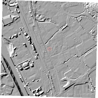 Shaded relief map of the ground around BN90ES, computed from Environment Agency LiDAR. The ground here sits at about 3 m above sea level and falls 19 m across the surrounding 800 m. Surface water reaching this point runs off ground lying to the south-west, 1.1 m higher.