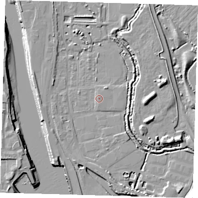 Shaded relief map of the ground around BN90EW, computed from Environment Agency LiDAR. The ground here sits at about 3 m above sea level and falls 14 m across the surrounding 800 m. Surface water reaching this point runs off ground lying to the east-north-east, 3.4 m higher.