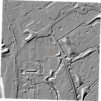 Shaded relief map of the ground around BN90FA, computed from Environment Agency LiDAR. The ground here sits at about 2 m above sea level and falls 13 m across the surrounding 800 m. Surface water reaching this point runs off ground lying to the west, 9.0 m higher.