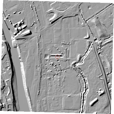 Shaded relief map of the ground around BN90FD, computed from Environment Agency LiDAR. The ground here sits at about 2 m above sea level and falls 16 m across the surrounding 800 m. Surface water reaching this point runs off ground lying to the east-north-east, 2.7 m higher.