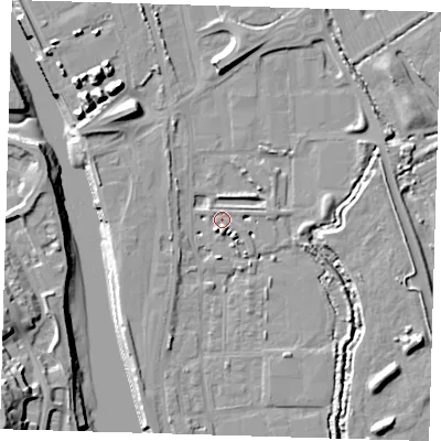 Shaded relief map of the ground around BN90FF, computed from Environment Agency LiDAR. The ground here sits at about 3 m above sea level and falls 22 m across the surrounding 800 m. Surface water reaching this point runs off ground lying to the south-south-west, 4.1 m higher.