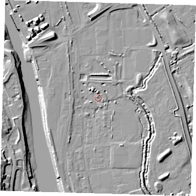 Shaded relief map of the ground around BN90FG, computed from Environment Agency LiDAR. The ground here sits at about 3 m above sea level and falls 19 m across the surrounding 800 m. Surface water reaching this point runs off ground lying to the north-west, 4.1 m higher.