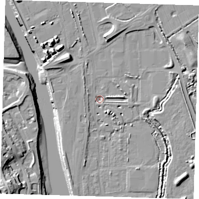 Shaded relief map of the ground around BN90FH, computed from Environment Agency LiDAR. The ground here sits at about 1 m above sea level and falls 25 m across the surrounding 800 m. Surface water reaching this point runs off ground lying to the east, 1.6 m higher.