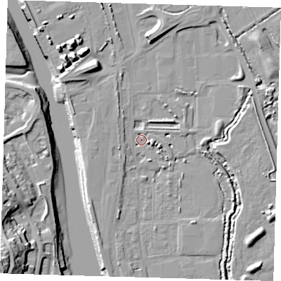 Shaded relief map of the ground around BN90FJ, computed from Environment Agency LiDAR. The ground here sits at about 2 m above sea level and falls 28 m across the surrounding 800 m. Surface water reaching this point runs off ground lying to the east-south-east, 4.1 m higher.