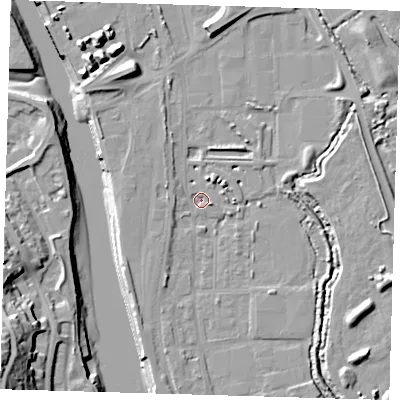 Shaded relief map of the ground around BN90FL, computed from Environment Agency LiDAR. The ground here sits at about 2 m above sea level and falls 28 m across the surrounding 800 m. Surface water reaching this point runs off ground lying to the north-north-east, 4.1 m higher.