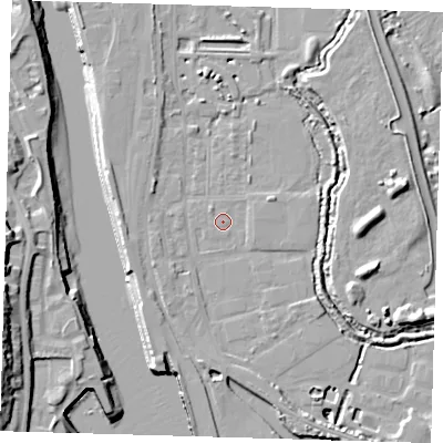 Shaded relief map of the ground around BN90FN, computed from Environment Agency LiDAR. The ground here sits at about 3 m above sea level and falls 19 m across the surrounding 800 m. Surface water reaching this point runs off ground lying to the north-west, 0.8 m higher.