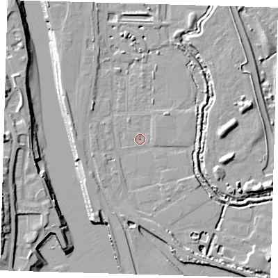 Shaded relief map of the ground around BN90FP, computed from Environment Agency LiDAR. The ground here sits at about 2 m above sea level and falls 16 m across the surrounding 800 m. Surface water reaching this point runs off ground lying to the east-north-east, 3.4 m higher.