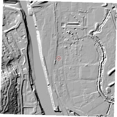 Shaded relief map of the ground around BN90FQ, computed from Environment Agency LiDAR. The ground here sits at about 3 m above sea level and falls 36 m across the surrounding 800 m. Surface water reaching this point runs off ground lying to the south-west, 3.9 m higher.