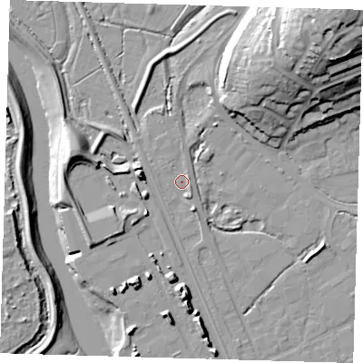 Shaded relief map of the ground around BN90HE, computed from Environment Agency LiDAR. The ground here sits at about 3 m above sea level and falls 37 m across the surrounding 800 m. Surface water reaching this point runs off ground lying to the east-north-east, 1.8 m higher.