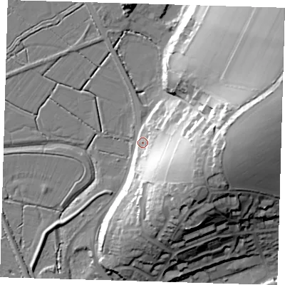 Shaded relief map of the ground around BN90HJ, computed from Environment Agency LiDAR. The ground here sits at about 7 m above sea level and falls 47 m across the surrounding 800 m. Surface water reaching this point runs off ground lying to the south-east, 28.4 m higher.