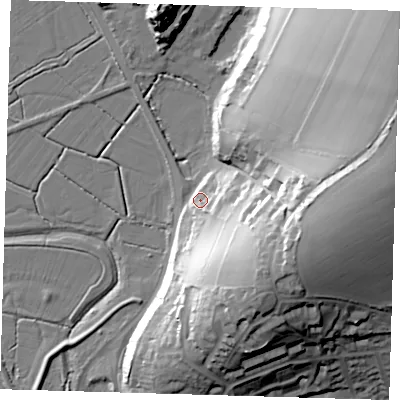 Shaded relief map of the ground around BN90HL, computed from Environment Agency LiDAR. The ground here sits at about 7 m above sea level and falls 50 m across the surrounding 800 m. Surface water reaching this point runs off ground lying to the south-east, 31.2 m higher.