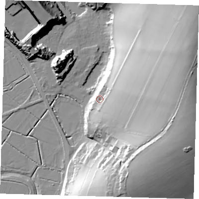 Shaded relief map of the ground around BN90HN, computed from Environment Agency LiDAR. The ground here sits at about 11 m above sea level and falls 58 m across the surrounding 800 m. Surface water reaching this point runs off ground lying to the east, 43.6 m higher.