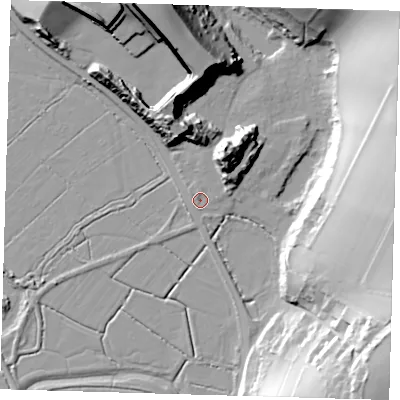 Shaded relief map of the ground around BN90HP, computed from Environment Agency LiDAR. The ground here sits at about 4 m above sea level and falls 37 m across the surrounding 800 m. Surface water reaching this point runs off ground lying to the north-north-east, 20.7 m higher.