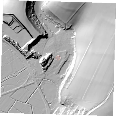 Shaded relief map of the ground around BN90HS, computed from Environment Agency LiDAR. The ground here sits at about 4 m above sea level and falls 58 m across the surrounding 800 m. Surface water reaching this point runs off ground lying to the west, 18.8 m higher.