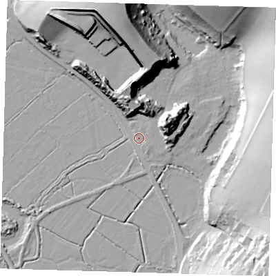 Shaded relief map of the ground around BN90HU, computed from Environment Agency LiDAR. The ground here sits at about 4 m above sea level and falls 37 m across the surrounding 800 m. Surface water reaching this point runs off ground lying to the north-west, 1.6 m higher.