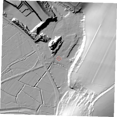 Shaded relief map of the ground around BN90HW, computed from Environment Agency LiDAR. The ground here sits at about 3 m above sea level and falls 45 m across the surrounding 800 m. Surface water reaching this point runs off ground lying to the east-south-east, 43.3 m higher.