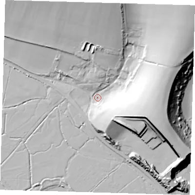 Shaded relief map of the ground around BN90JA, computed from Environment Agency LiDAR. The ground here sits at about 3 m above sea level and falls 53 m across the surrounding 800 m. Surface water reaching this point runs off ground lying to the north-east, 51.2 m higher.