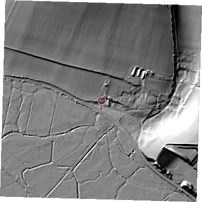 Shaded relief map of the ground around BN90JD, computed from Environment Agency LiDAR. The ground here sits at about 4 m above sea level and falls 48 m across the surrounding 800 m. Surface water reaching this point runs off ground lying to the north-north-east, 45.9 m higher.