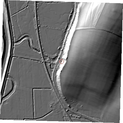 Shaded relief map of the ground around BN90JE, computed from Environment Agency LiDAR. The ground here sits at about 4 m above sea level and falls 64 m across the surrounding 800 m. Surface water reaching this point runs off ground lying to the east-north-east, 40.8 m higher.