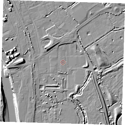 Shaded relief map of the ground around BN90LA, computed from Environment Agency LiDAR. The ground here sits at about 2 m above sea level and falls 14 m across the surrounding 800 m. Surface water reaching this point runs off ground lying to the west, 9.8 m higher.