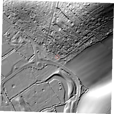 Shaded relief map of the ground around BN90LR, computed from Environment Agency LiDAR. The ground here sits at about 4 m above sea level and falls 72 m across the surrounding 800 m. Surface water reaching this point runs off ground lying to the north-north-east, 56.0 m higher.